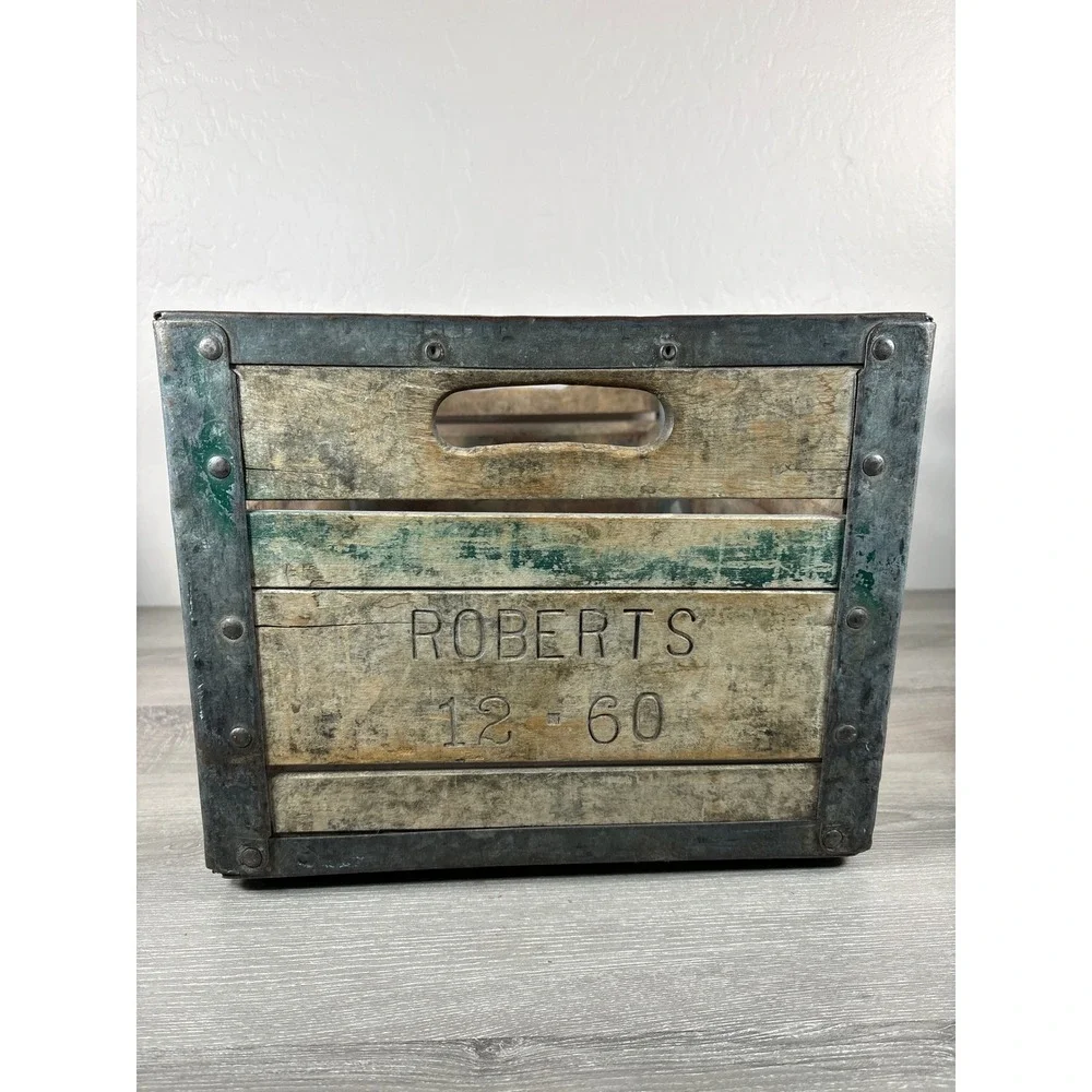 Vintage Roberts Wood Dairy Milk Crate Metal Reinforced Industrial Storage Box